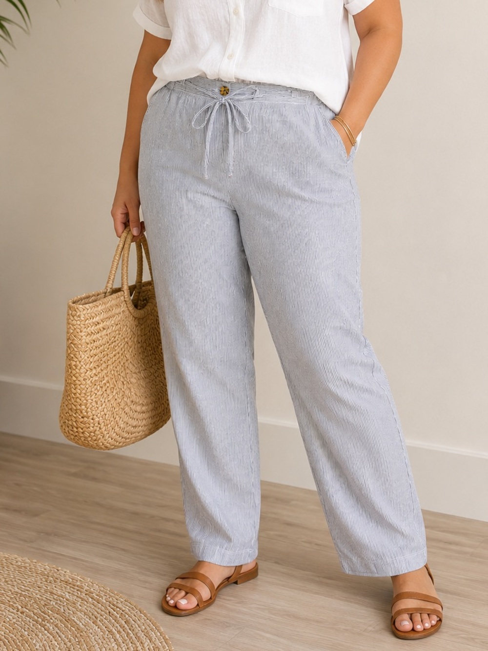 Talbots Plus Linen Cotton Striped Pull On Pants 18W NWT Coastal